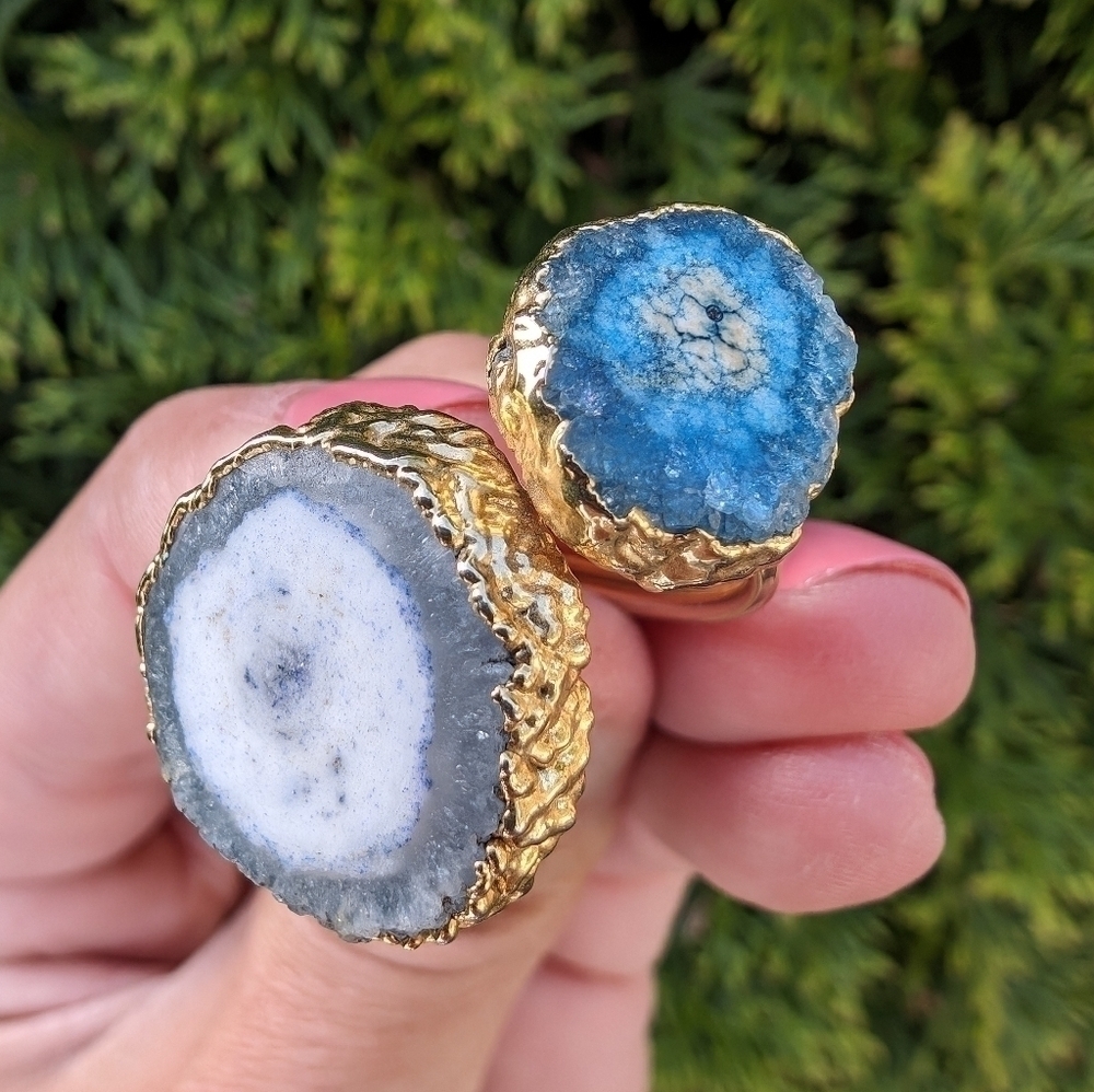 Artisan Handmade In Morocco Adjustable Blue Double Geode Gold Ring Size 8 - Picture 6 of 8